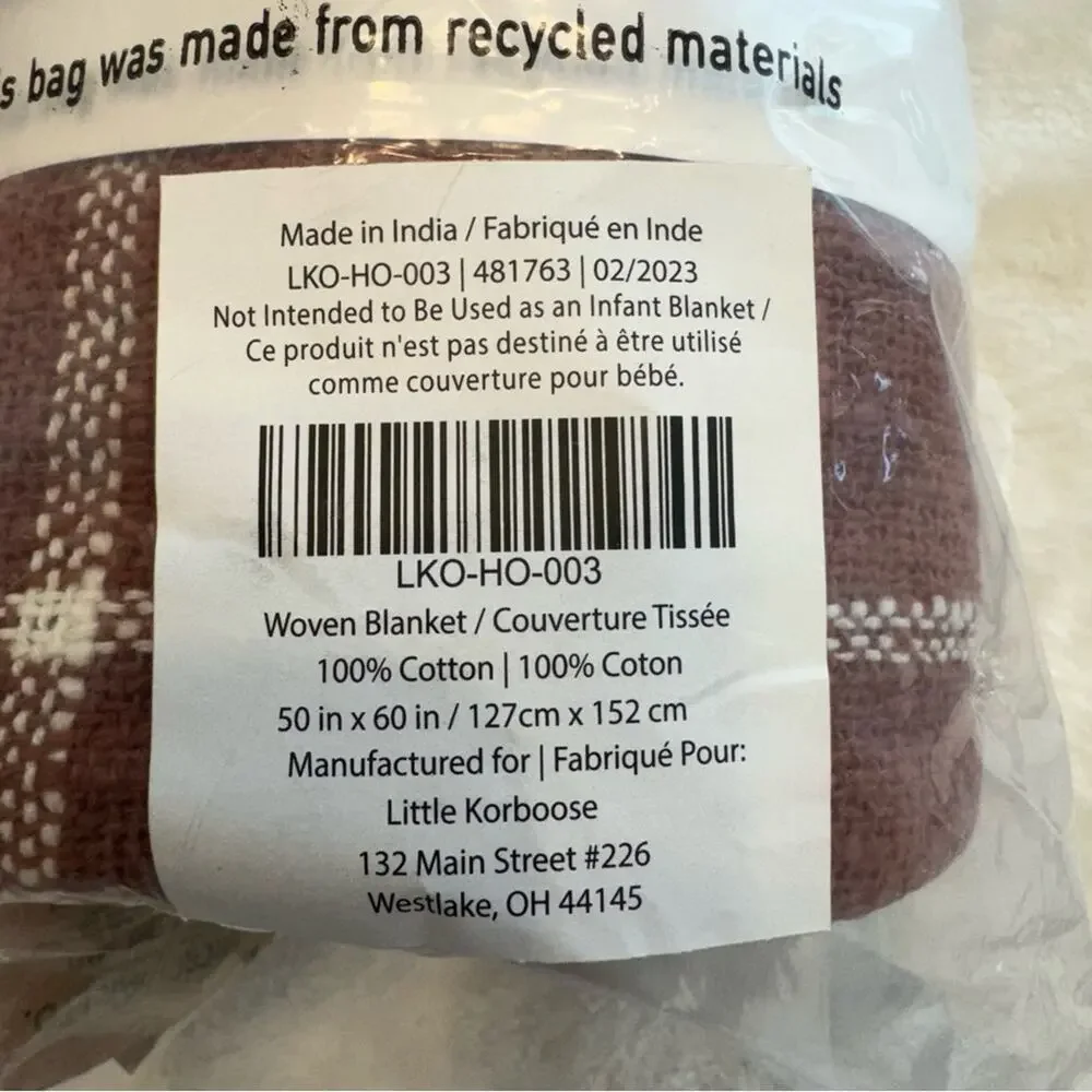 NWT Little Korboose 100% Cotton 50x60 Rust Orange Plaid Woven Knit Throw Blanket
